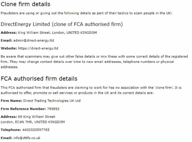 DirectEnergy Limited FCA Details